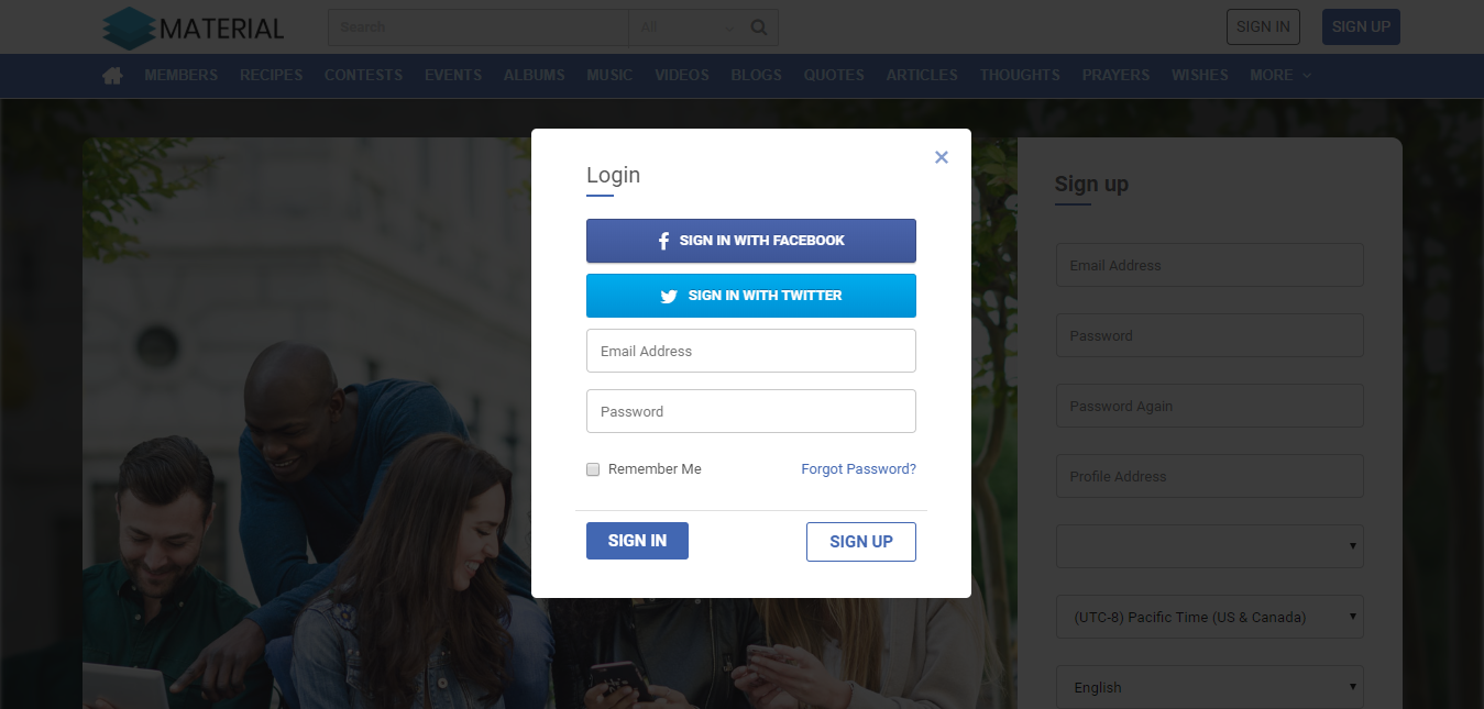 Landing Page- Login Box showing after clicking sign in button
